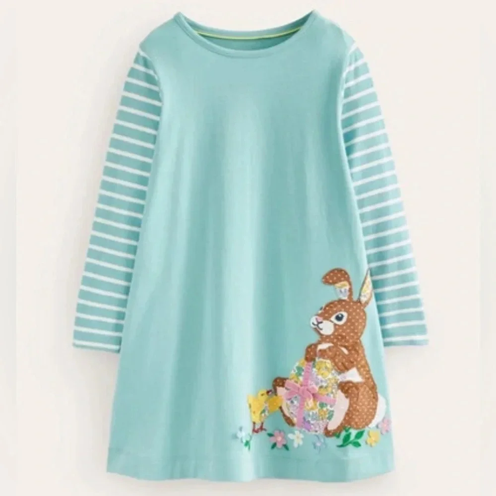 Mini Boden bunny and egg appliqué size 6-7 long sleeve dress  100% cotton